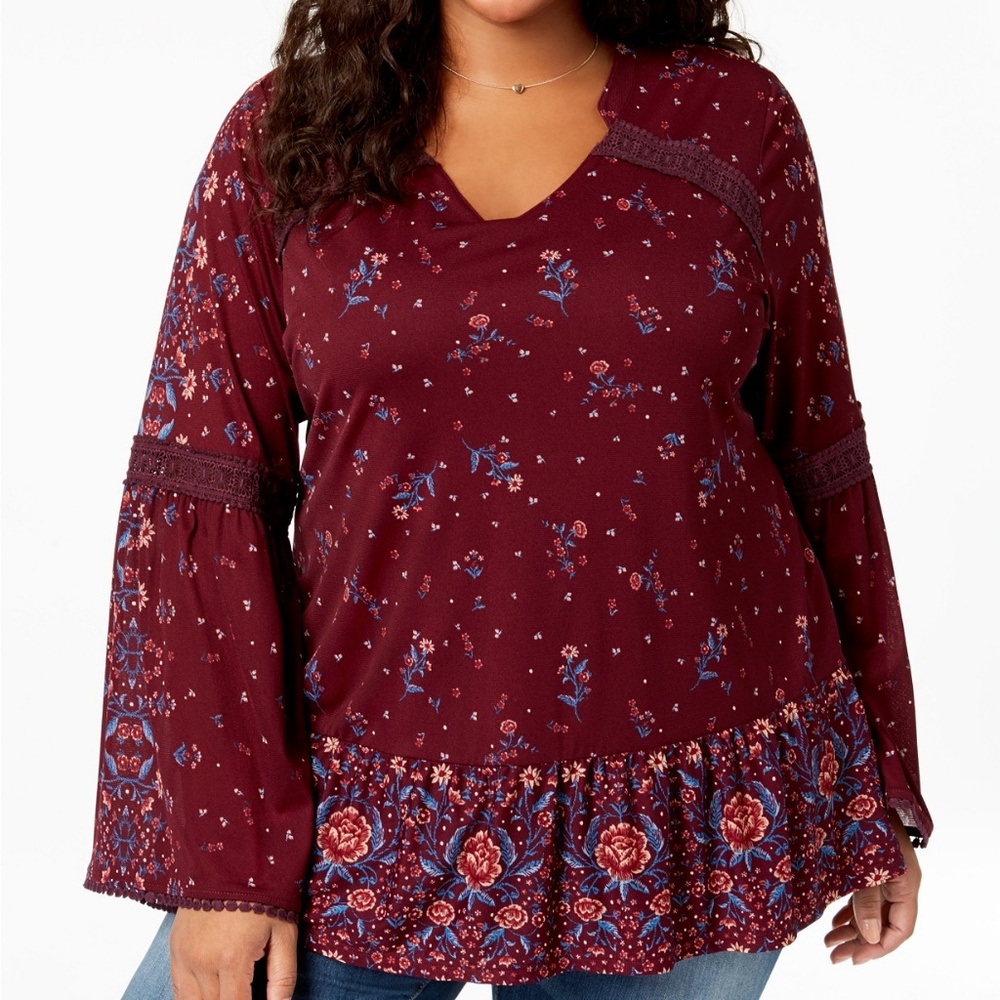 NWT Style&Co Plus Size Print Crochet-Trim Top